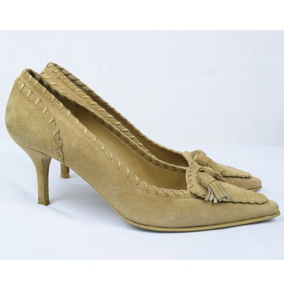 Stuart Weitzman Tan Suede Whipstitch Western Pointed Toe Low Kitten Heel Size 8 - Picture 5 of 12